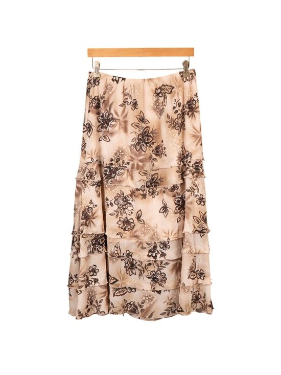 R.Q.T. Dresses & Skirts - Floral Tiered Maxi Skirt 8 Womens Beige Brown Long Glitter Beaded Elastic Boho